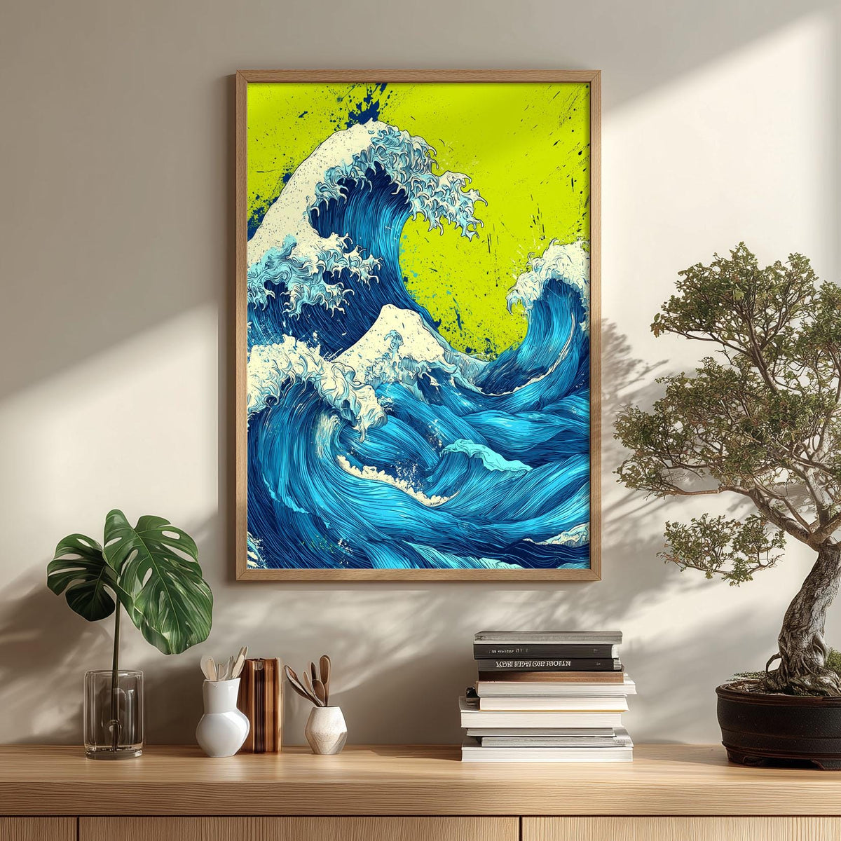Blue Wave Wall Art, Japanese Pop Art Style, Lime Green Ocean Print