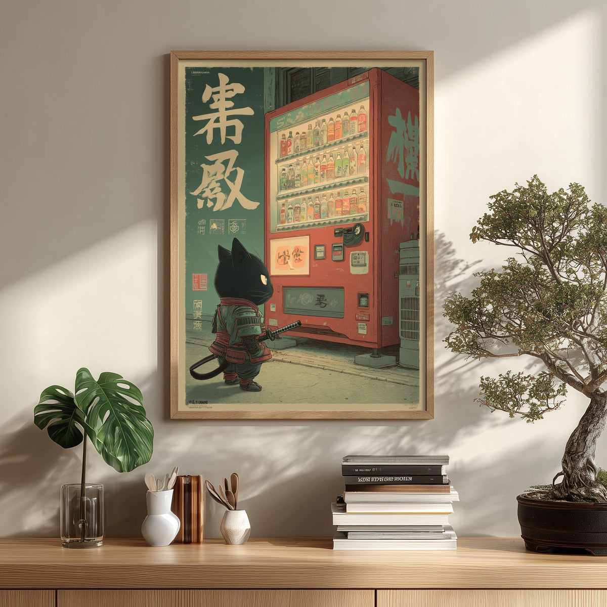 Samurai Cat Poster, Japanese Vending Machine, Anime Wall Art