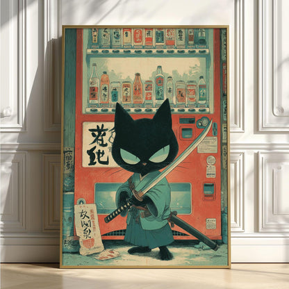 Samurai Cat Print, Japanese Vending Machine, Kawaii Anime Wall Art