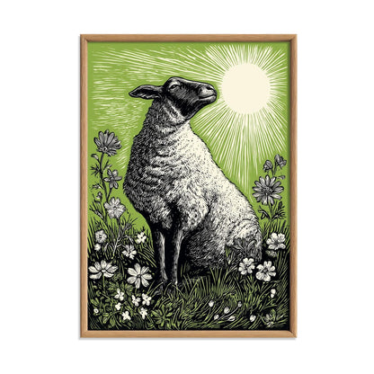 Sheep Linocut Print, Green Farm Animal Poster, Countryside Wall Decor
