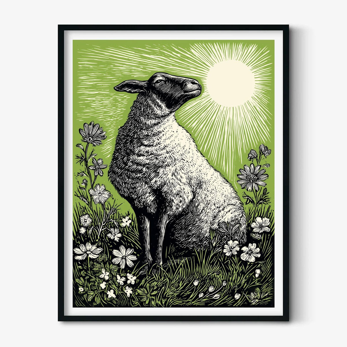 Sheep Linocut Print, Green Farm Animal Poster, Countryside Wall Decor