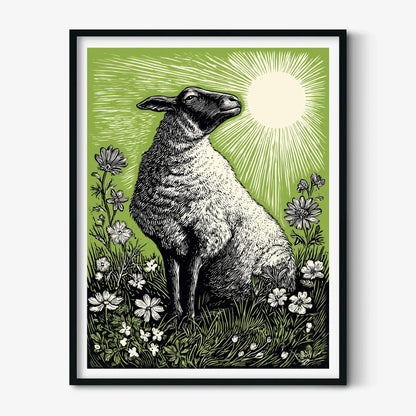 Sheep Linocut Print, Green Farm Animal Poster, Countryside Wall Decor