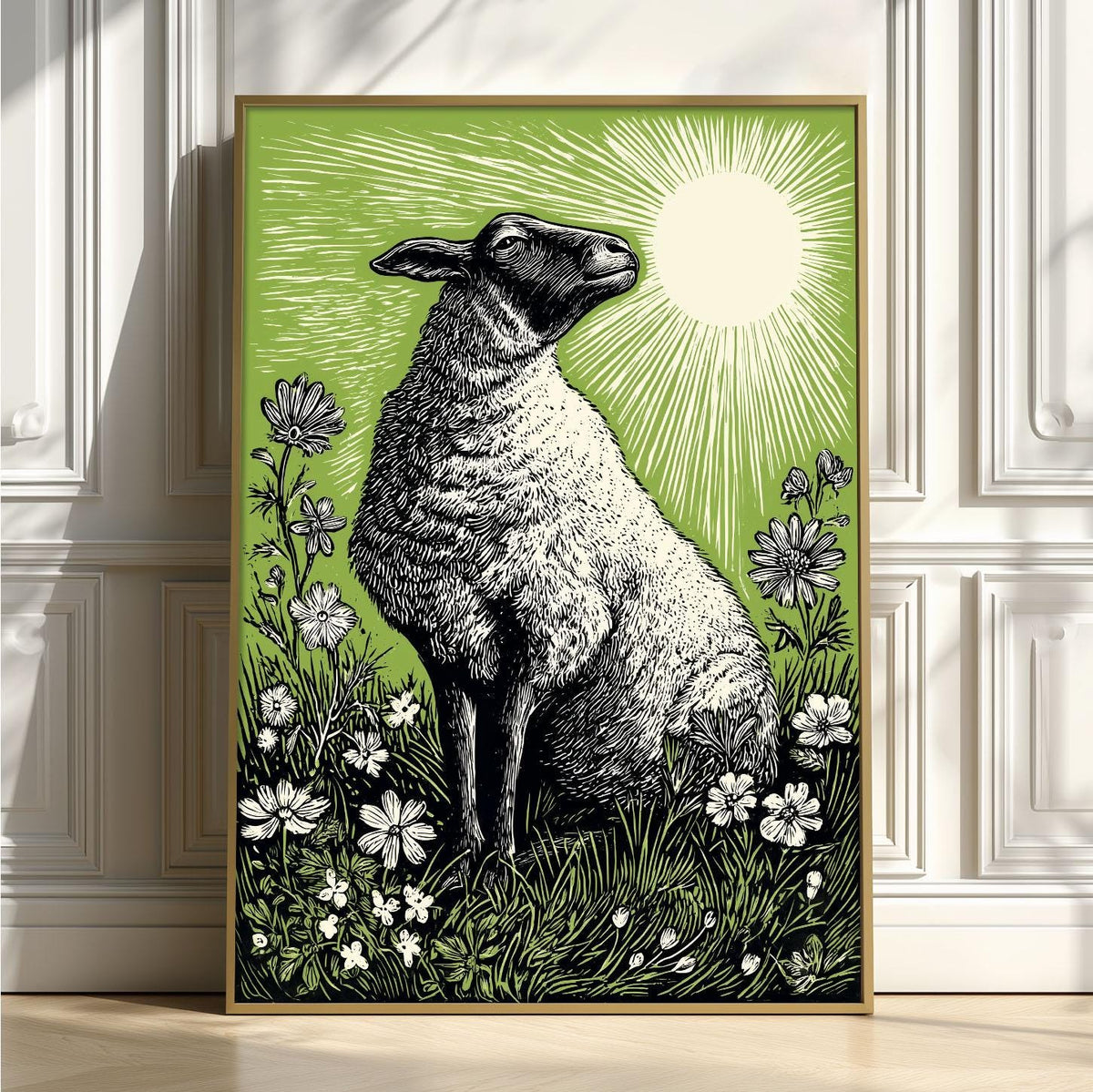Sheep Linocut Print, Green Farm Animal Poster, Countryside Wall Decor