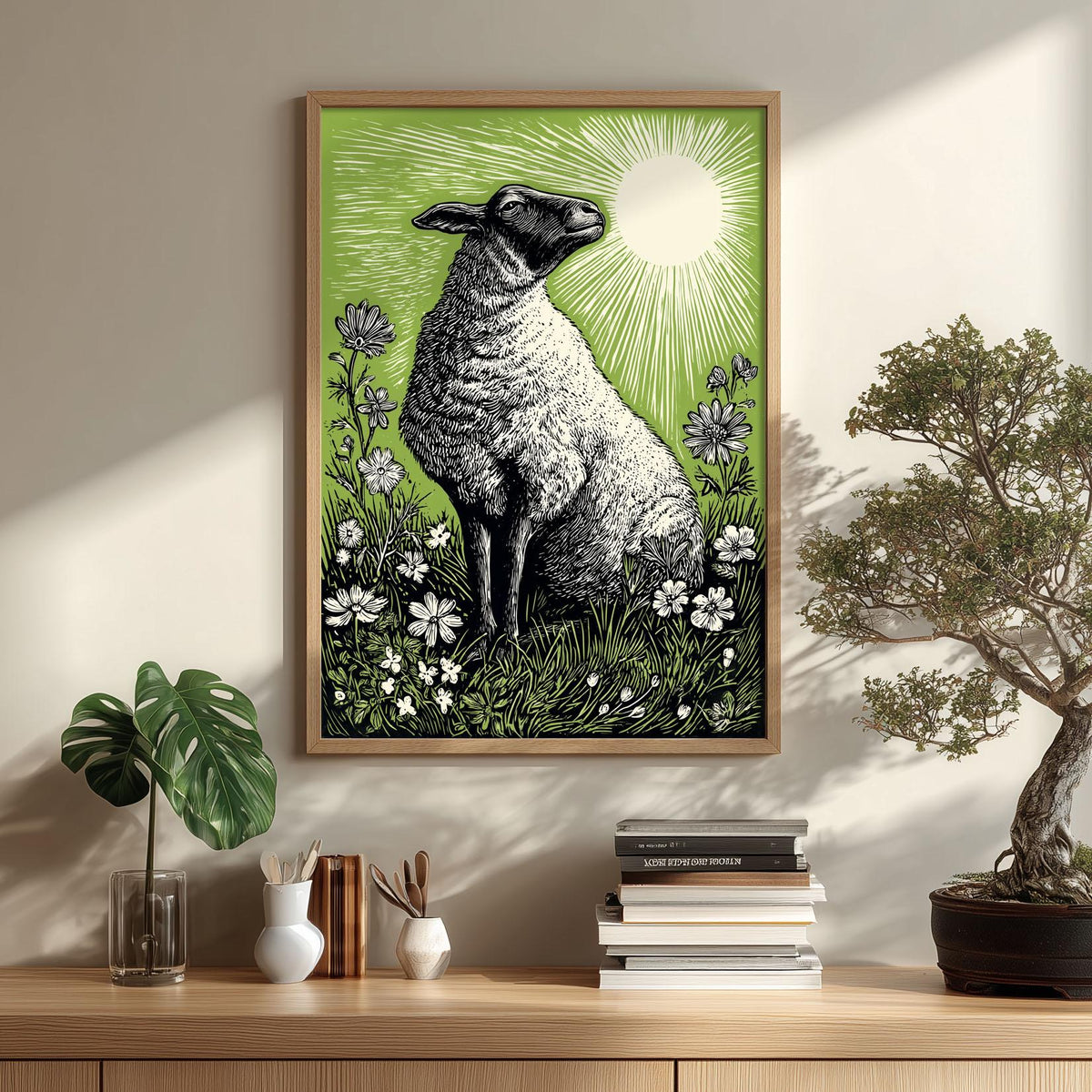 Sheep Linocut Print, Green Farm Animal Poster, Countryside Wall Decor