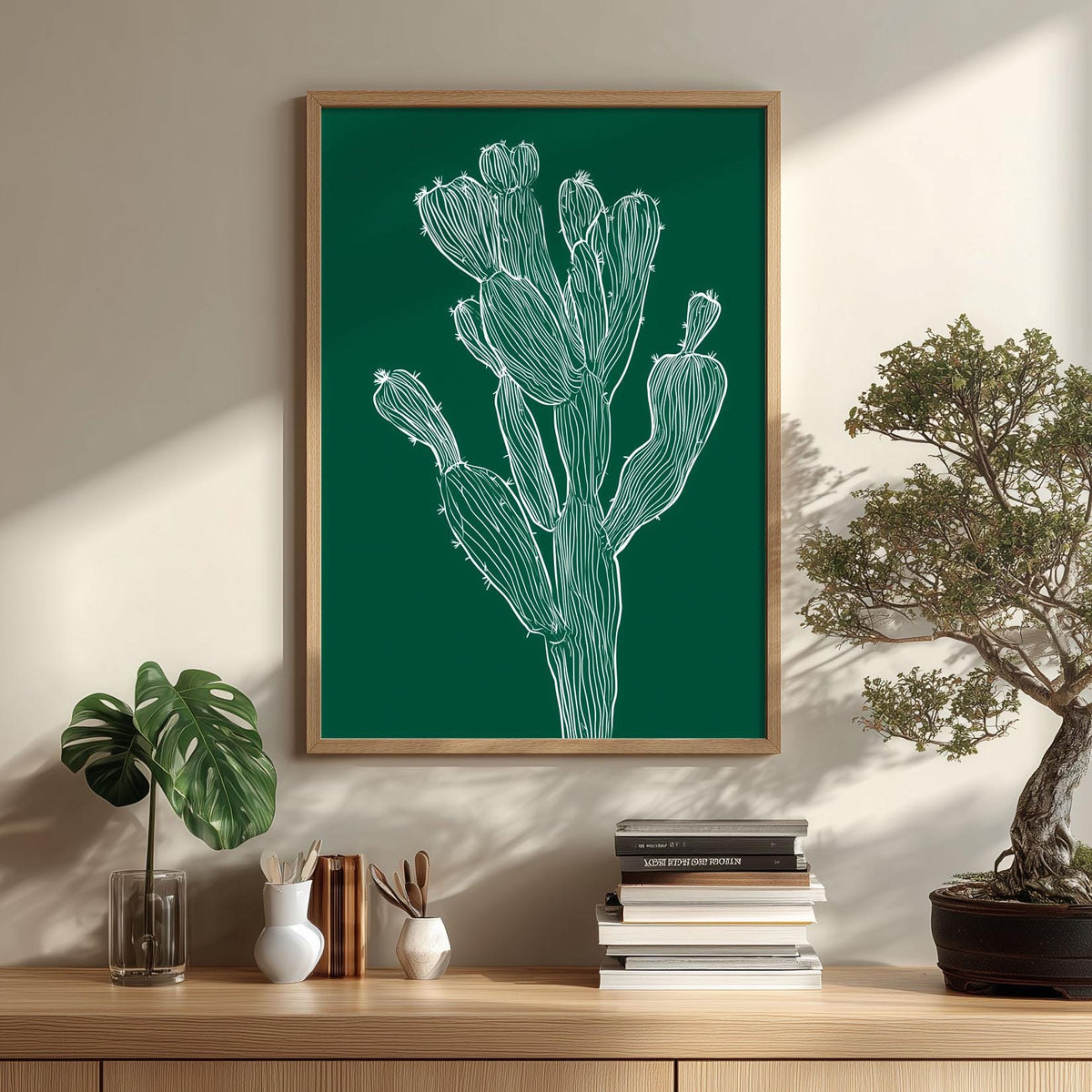 Cactus Line Poster, Dark Green Botanical Print, Desert Wall Art