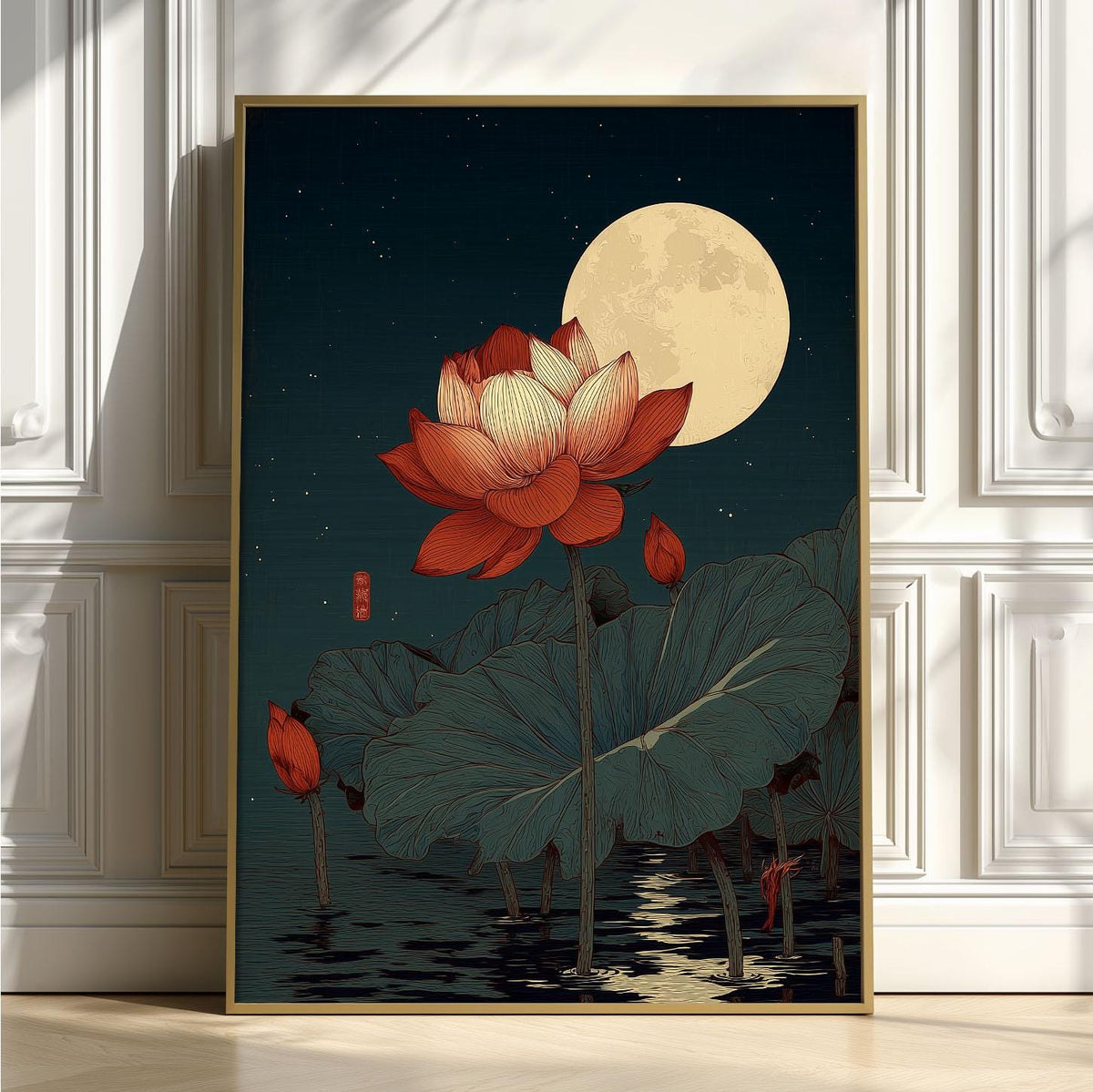 Red Lotus Print, Moonlit Pond Poster, Japanese Floral Decor