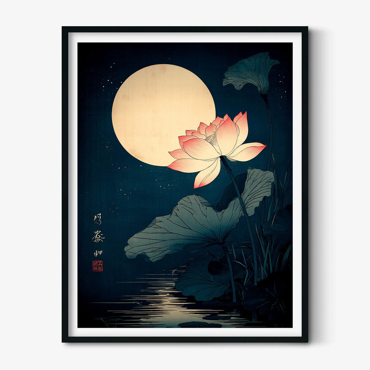Lotus Flower Print, Japanese Moonlit Pond Poster, Dark Teal Wall Art