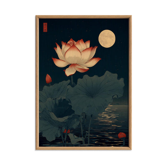 Japanese Lotus Flower Poster, Moonlit Pond Print, Dark Teal Wall Art