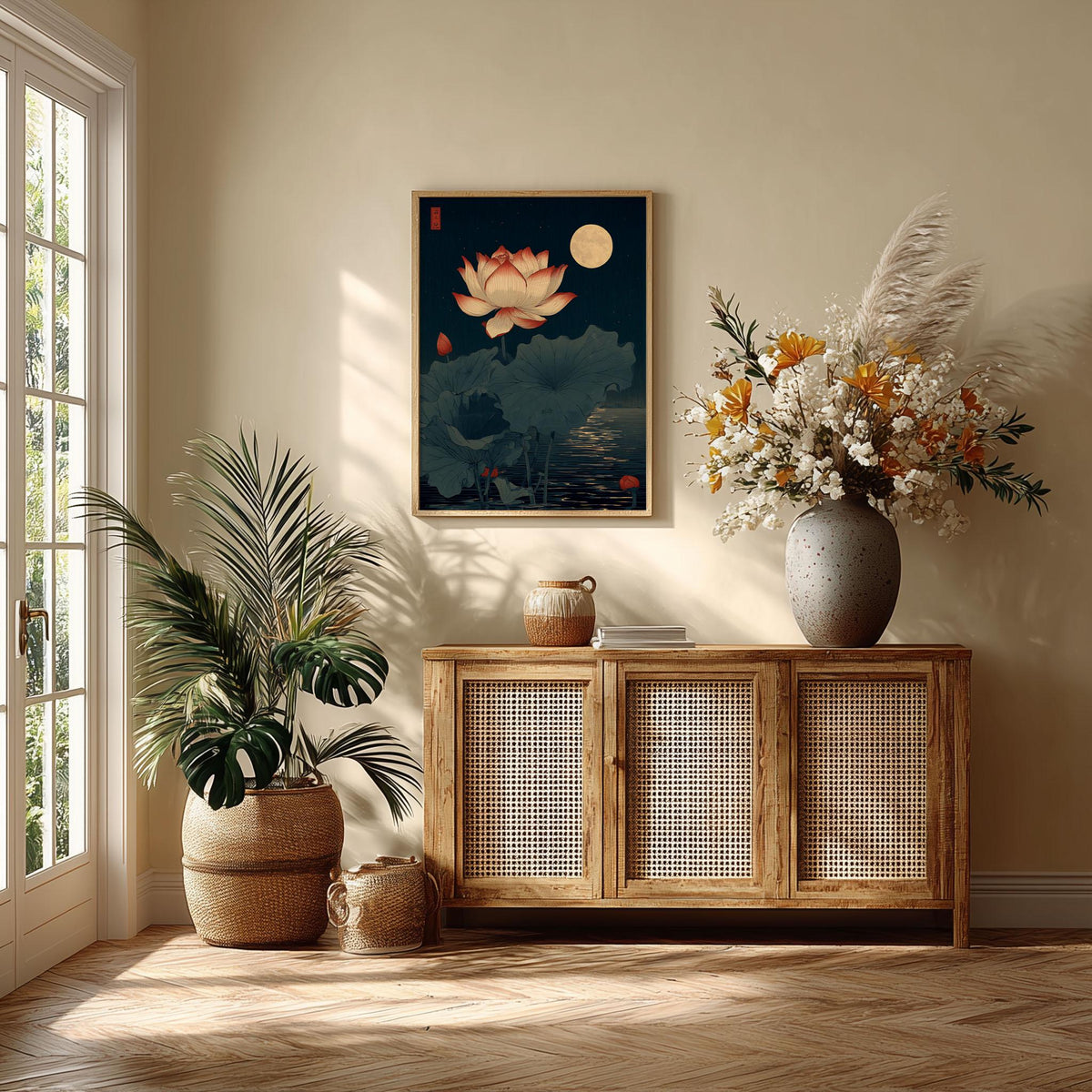 Japanese Lotus Flower Poster, Moonlit Pond Print, Dark Teal Wall Art