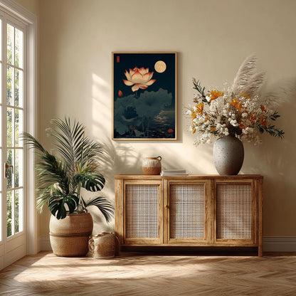 Japanese Lotus Flower Poster, Moonlit Pond Print, Dark Teal Wall Art