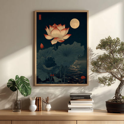 Japanese Lotus Flower Poster, Moonlit Pond Print, Dark Teal Wall Art