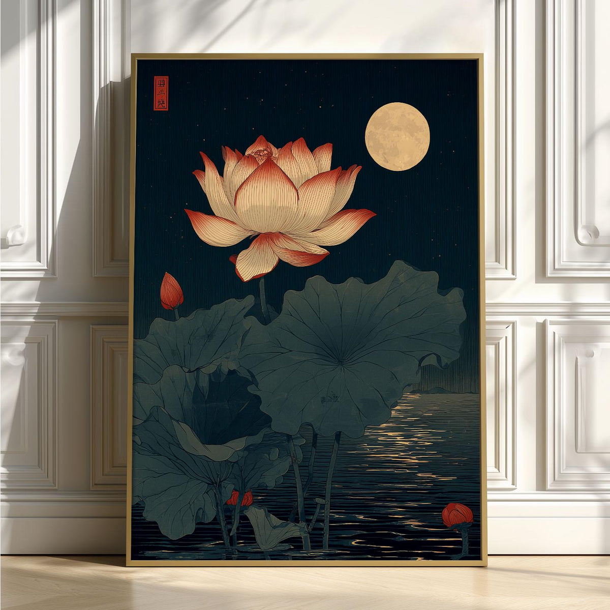 Japanese Lotus Flower Poster, Moonlit Pond Print, Dark Teal Wall Art