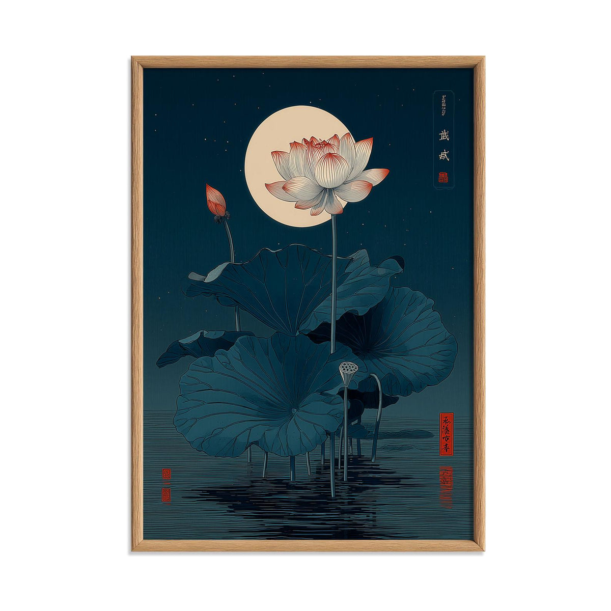 Lotus Flower Print, Japanese Moonlit Pond Poster, Dark Teal Floral Decor