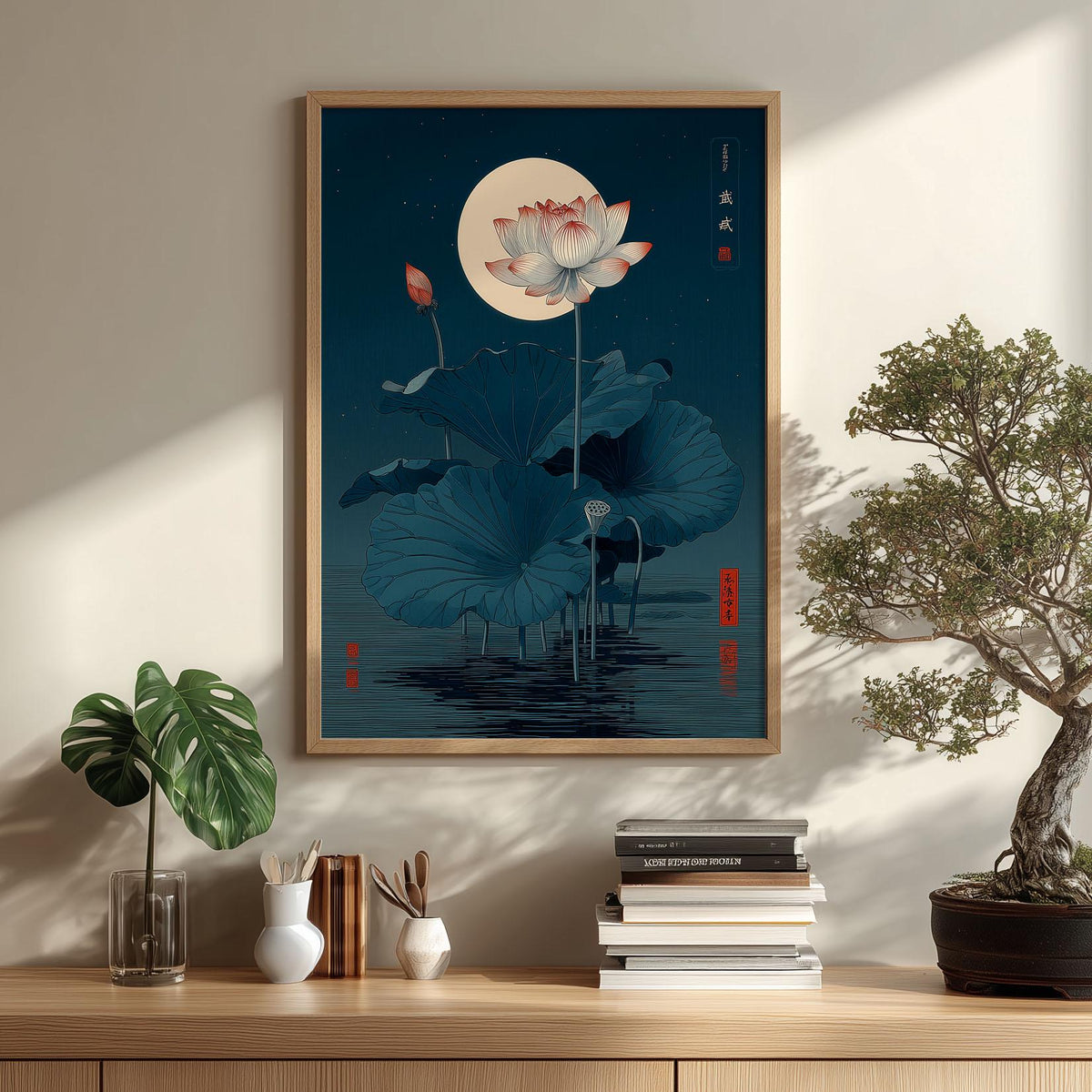 Lotus Flower Print, Japanese Moonlit Pond Poster, Dark Teal Floral Decor