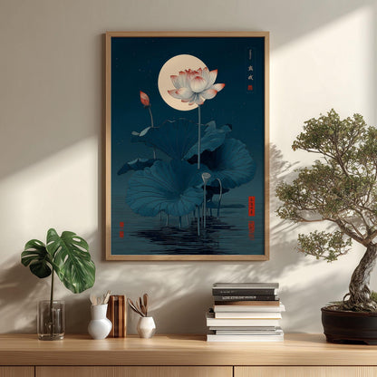 Lotus Flower Print, Japanese Moonlit Pond Poster, Dark Teal Floral Decor
