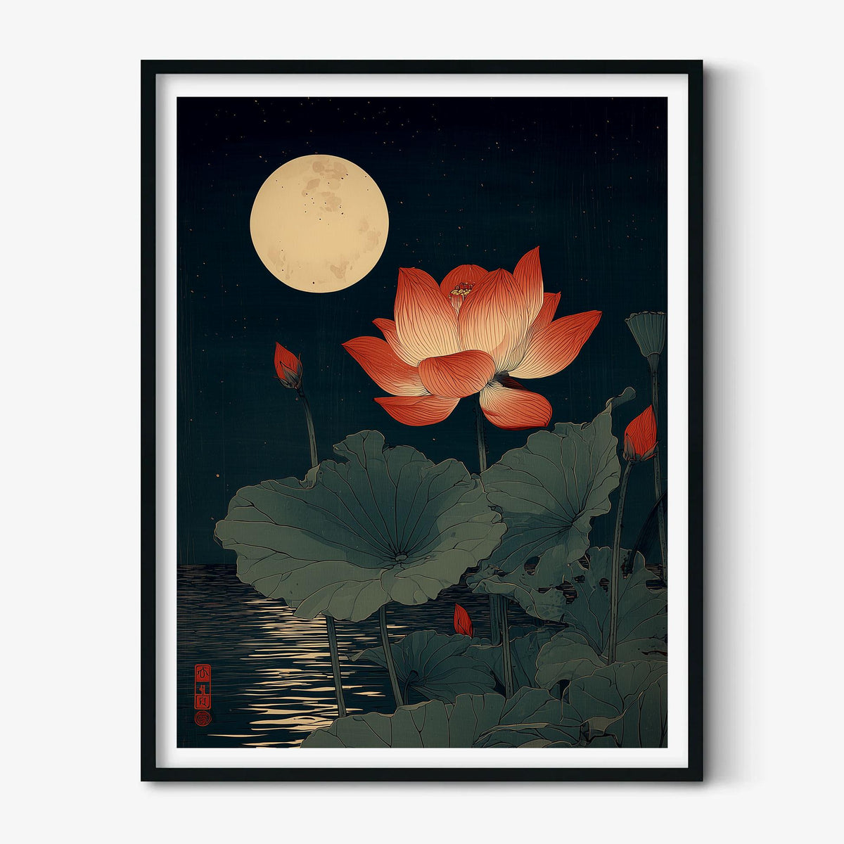 Red Lotus Print, Japanese Moonlit Pond Poster, Dark Teal Floral Wall Art
