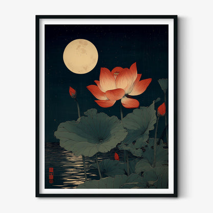 Red Lotus Print, Japanese Moonlit Pond Poster, Dark Teal Floral Wall Art