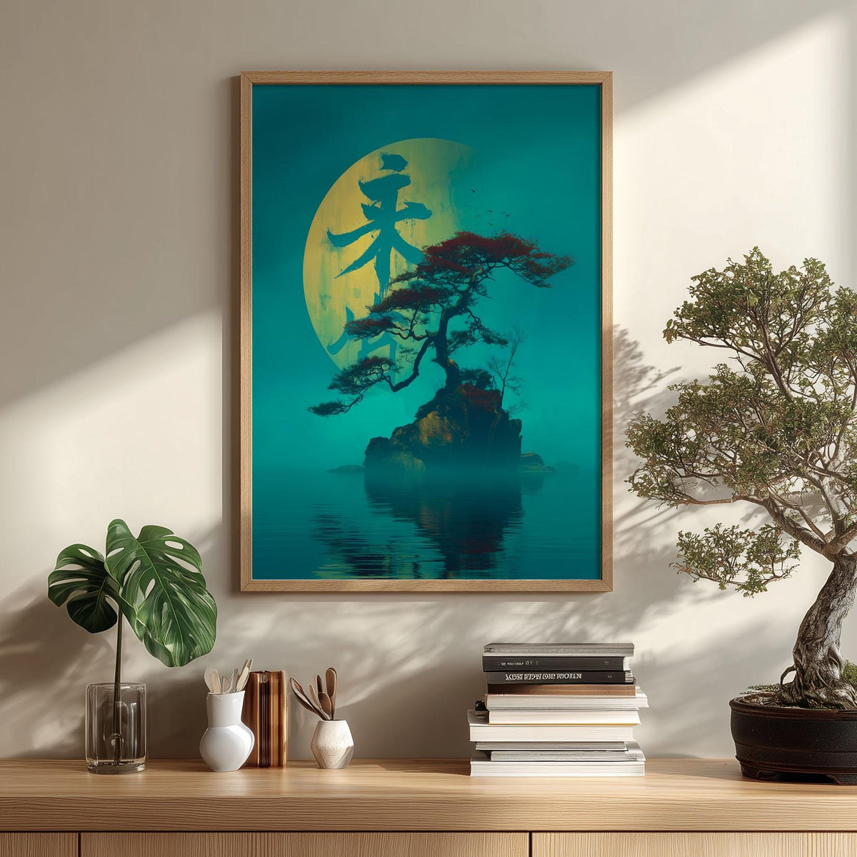 Zen Island Poster, Bonsai Tree Landscape Print, Teal Asian Wall Art