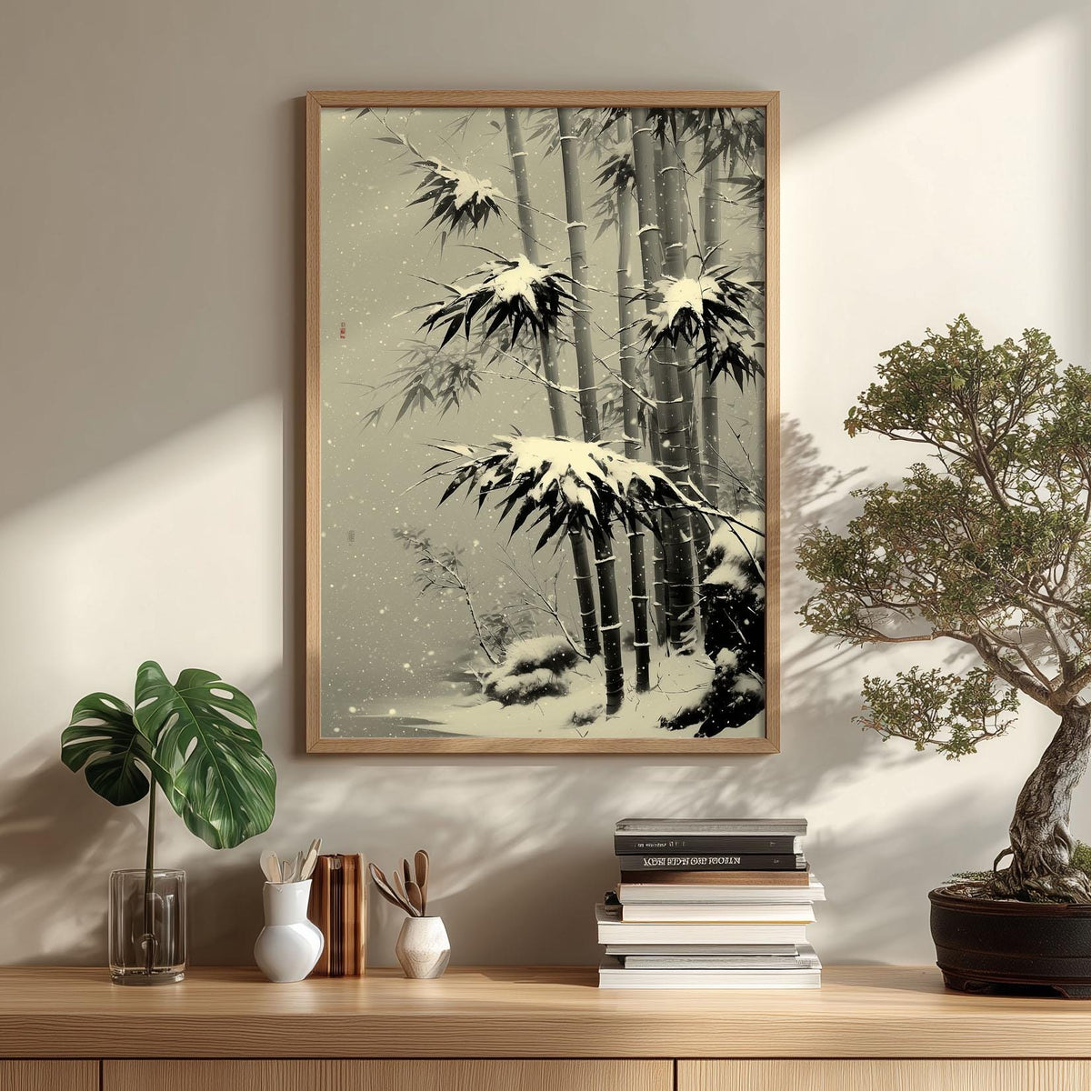 Snow Bamboo Print, Japanese Ink Painting, Winter Wall Art