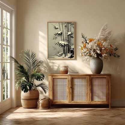 Snow Bamboo Print, Japanese Ink Painting, Winter Wall Art