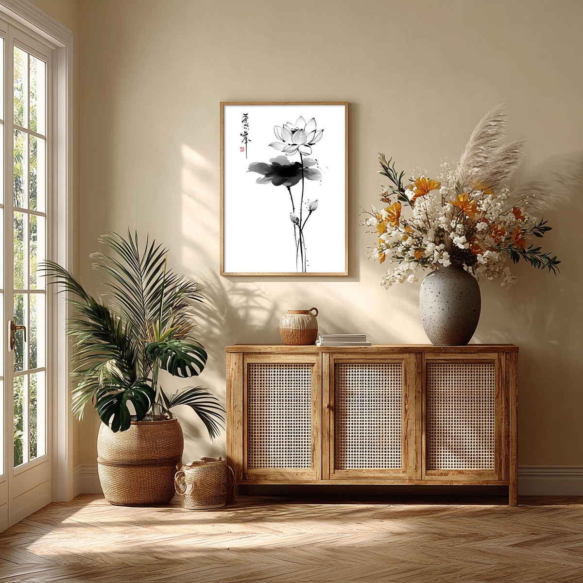 Lotus Flower Print, Japanese Ink Line Art, Minimal Floral Wall Art