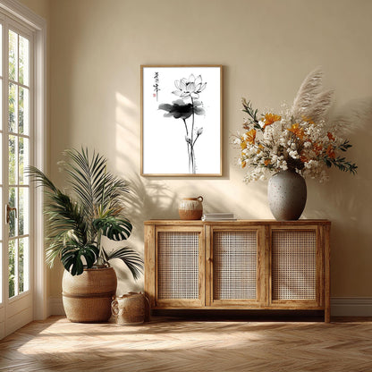 Lotus Flower Print, Japanese Ink Line Art, Minimal Floral Wall Art