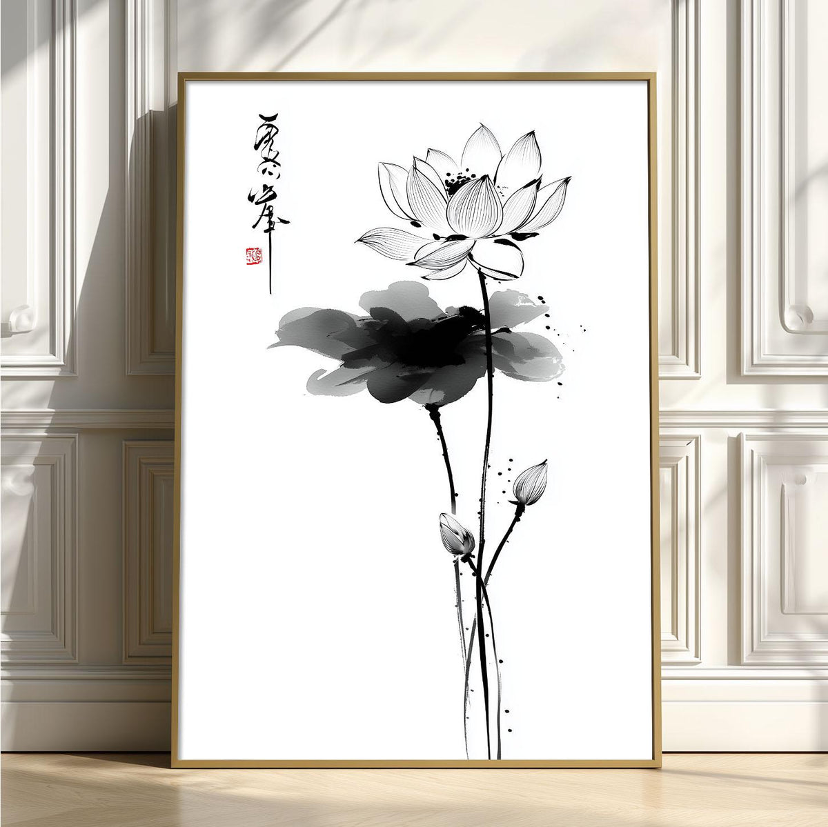 Lotus Flower Print, Japanese Ink Line Art, Minimal Floral Wall Art