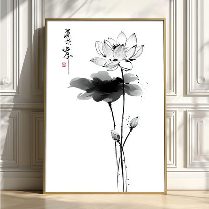 Lotus Flower Print, Japanese Ink Line Art, Minimal Floral Wall Art