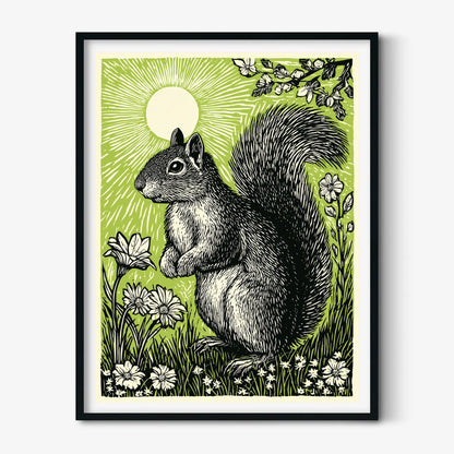 Squirrel poster | woodland wall art | green nature illustration | animal decor | nursery wildlife print