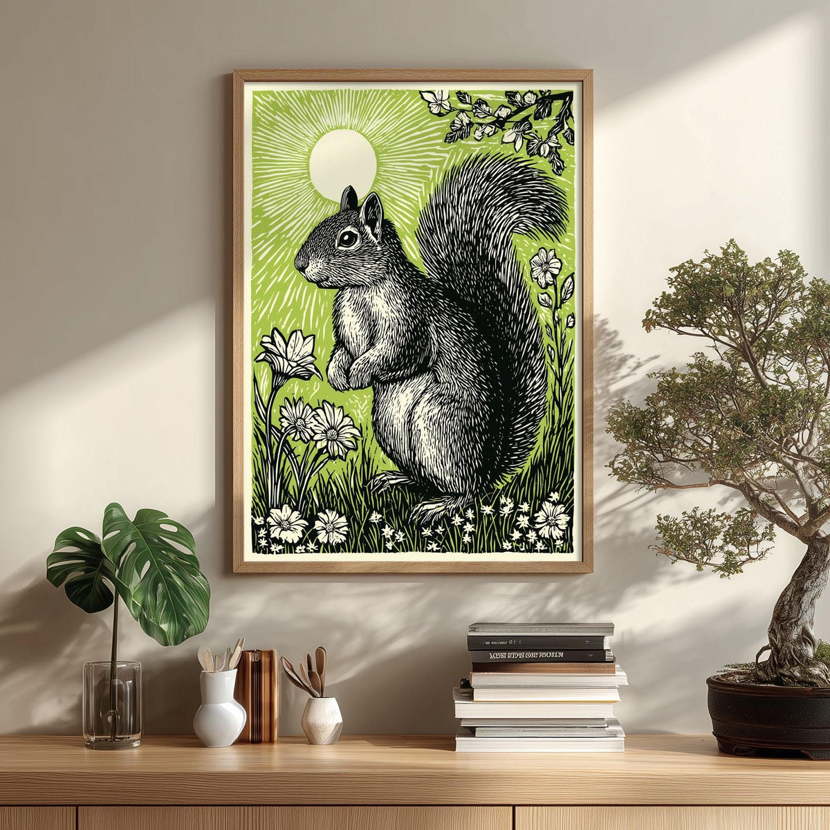 Squirrel poster | woodland wall art | green nature illustration | animal decor | nursery wildlife print