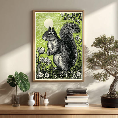 Squirrel poster | woodland wall art | green nature illustration | animal decor | nursery wildlife print