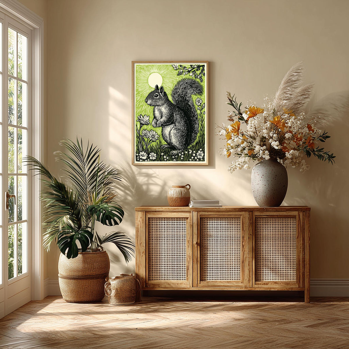 Squirrel poster | woodland wall art | green nature illustration | animal decor | nursery wildlife print