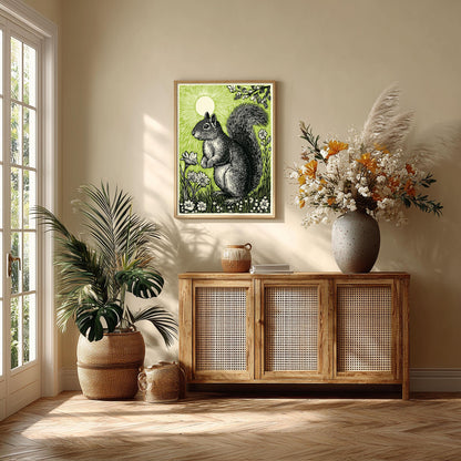 Squirrel poster | woodland wall art | green nature illustration | animal decor | nursery wildlife print
