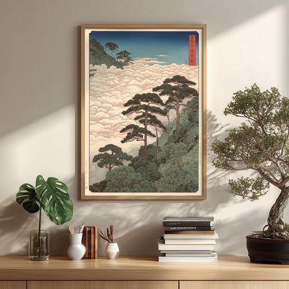 Japanese Pine Forest Woodblock Print, Ukiyo-e Style Cloudscape Wall Art