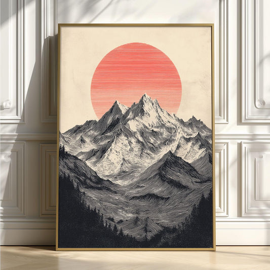 Mountain Landscape Poster, Sun Over Peaks Wall Art Print, Minimalist Vintage Style, Monochrome Black Grey , Unframed Artwork
