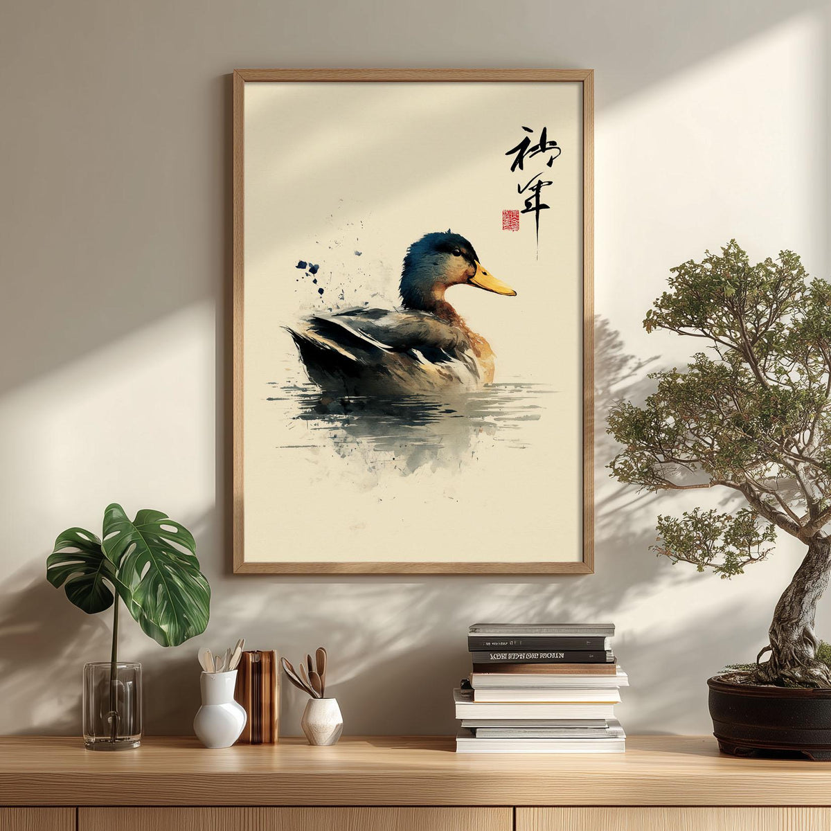 Mallard Duck Poster, Japanese Watercolour Bird Print, Neutral Pond Decor