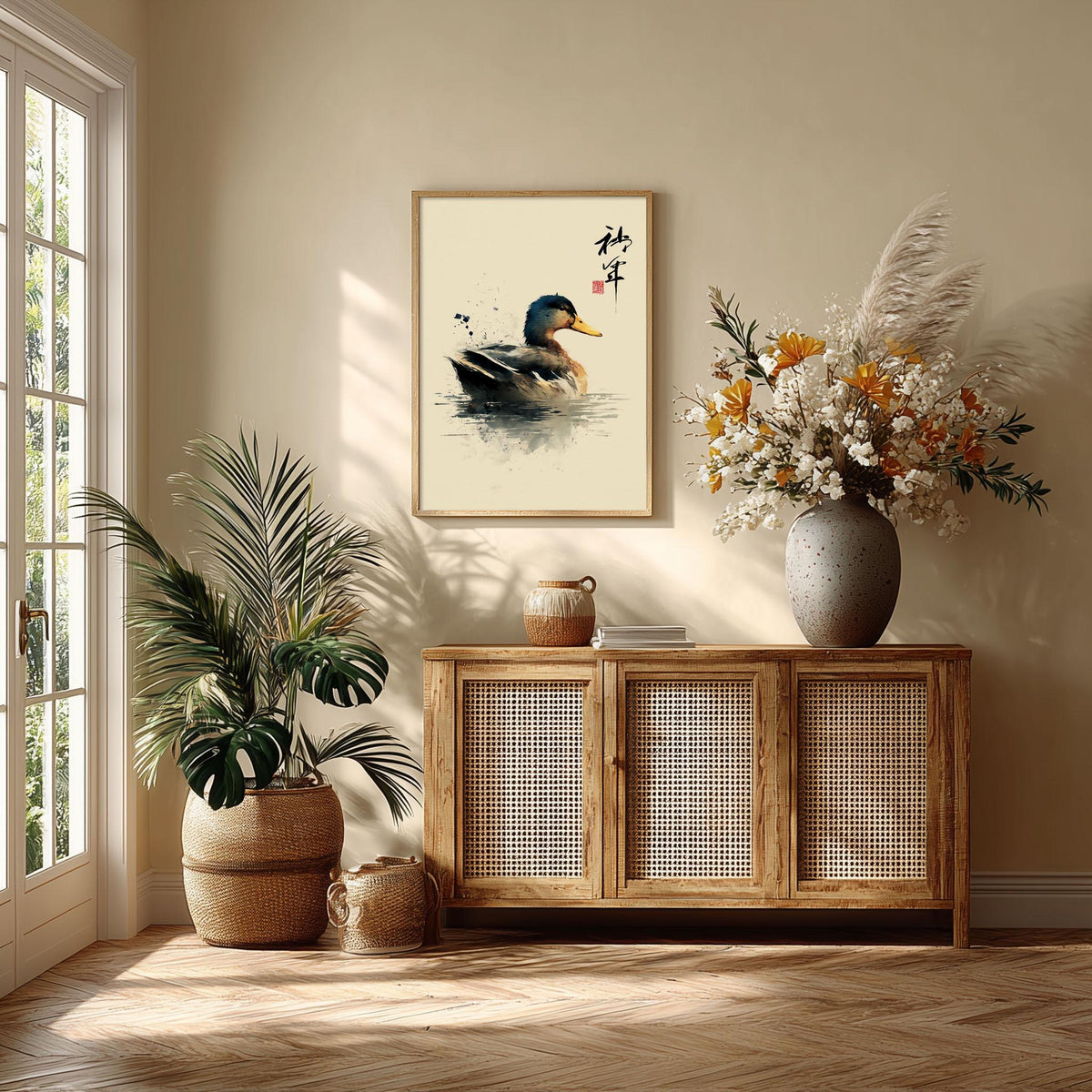Mallard Duck Poster, Japanese Watercolour Bird Print, Neutral Pond Decor