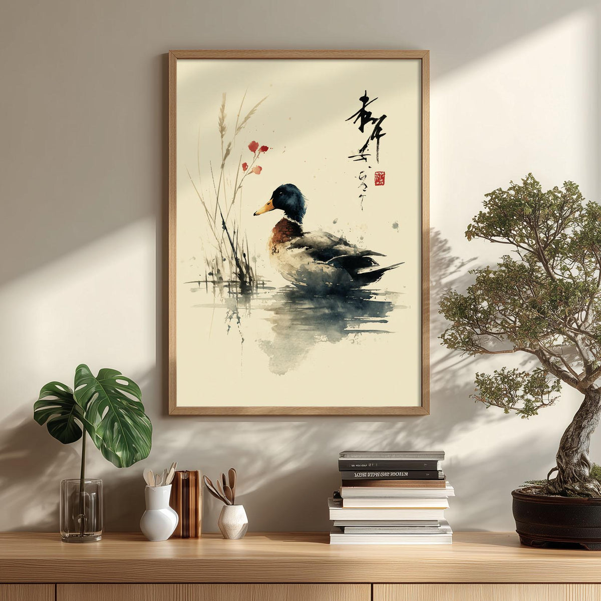 Mallard Duck Wall Art Print, Japanese Watercolour Poster, Zen Wildlife Decor, Bird Painting, Minimal Nature Artwork, Neutral