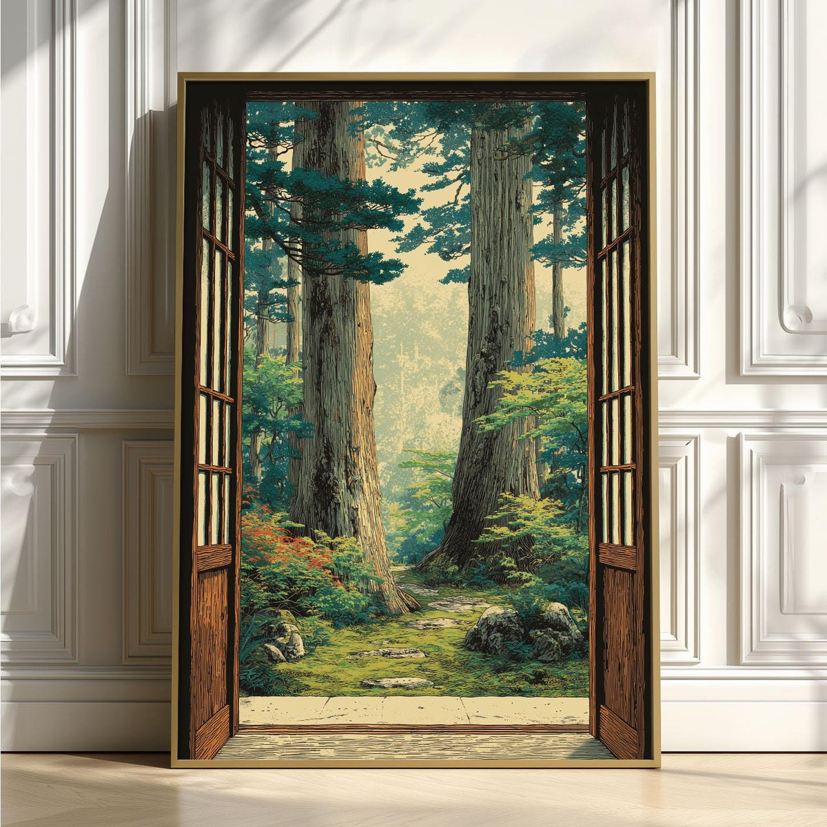 Forest Open Window Poster, Japanese Woodblock Print, Woodland View Wall Art