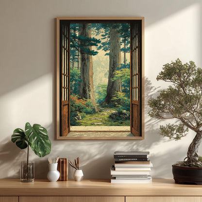 Forest Open Window Poster, Japanese Woodblock Print, Woodland View Wall Art