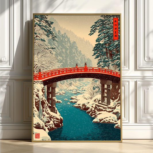 Japanese Winter Poster, Red Bridge Print, Snowy River Wall Art