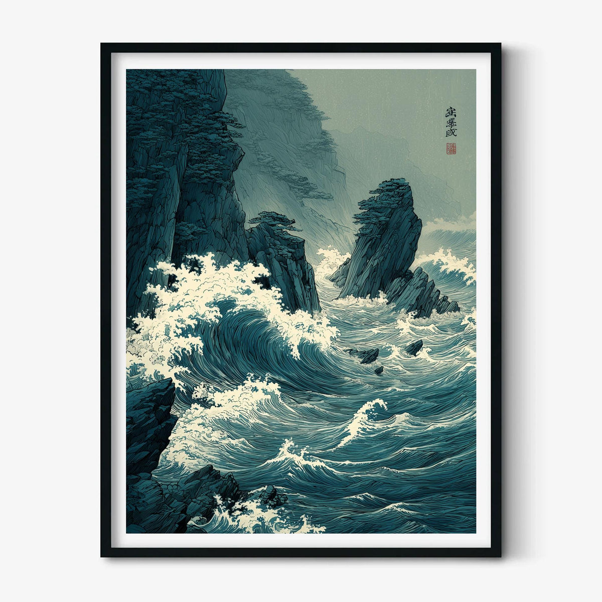 Coastal Waves Poster, Japanese Woodblock Print, Ocean Cliff Wall Art
