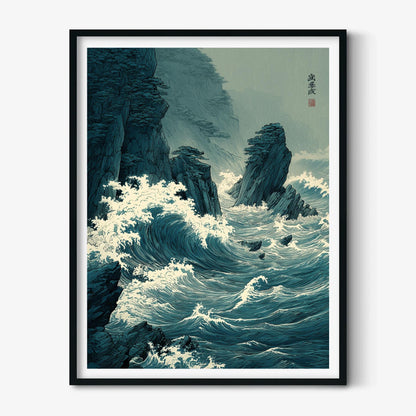 Coastal Waves Poster, Japanese Woodblock Print, Ocean Cliff Wall Art