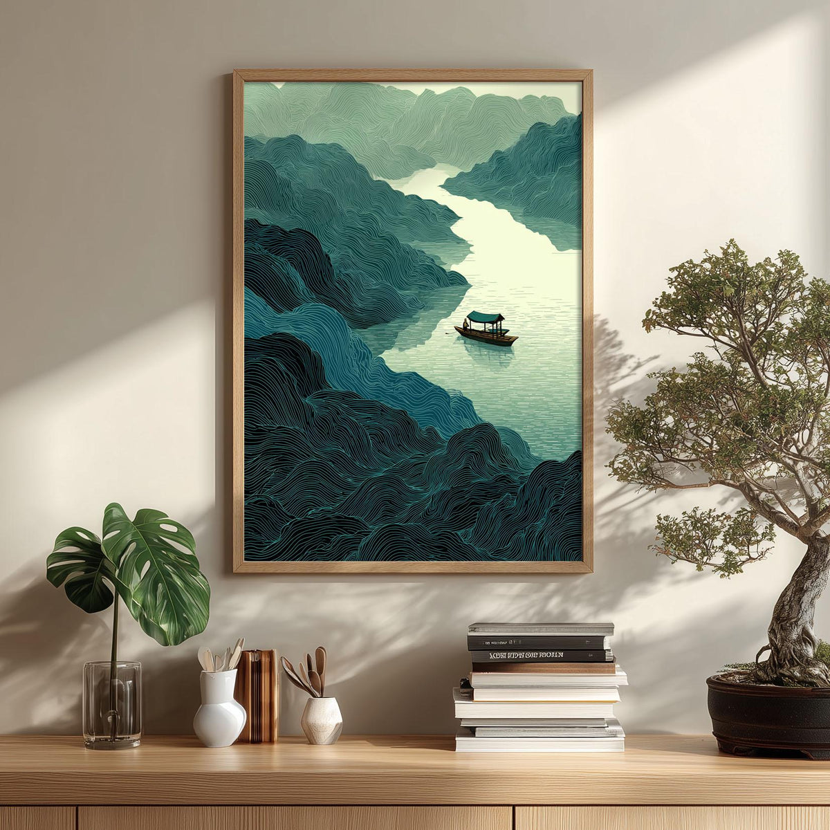 Mountain River Poster, Japanese Line Art Print, Peaceful Boat Wall Art