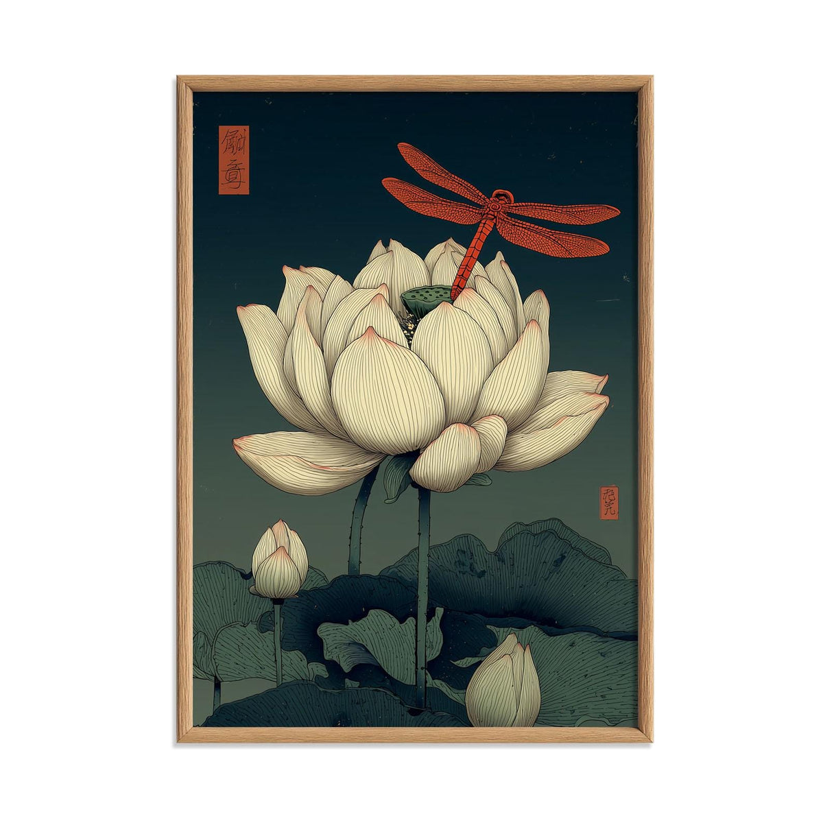 Lotus Dragonfly Poster, Japanese Botanical Print, Zen Floral Wall Art