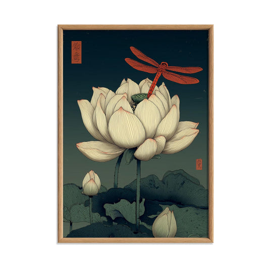Lotus Dragonfly Poster, Japanese Botanical Print, Zen Floral Wall Art