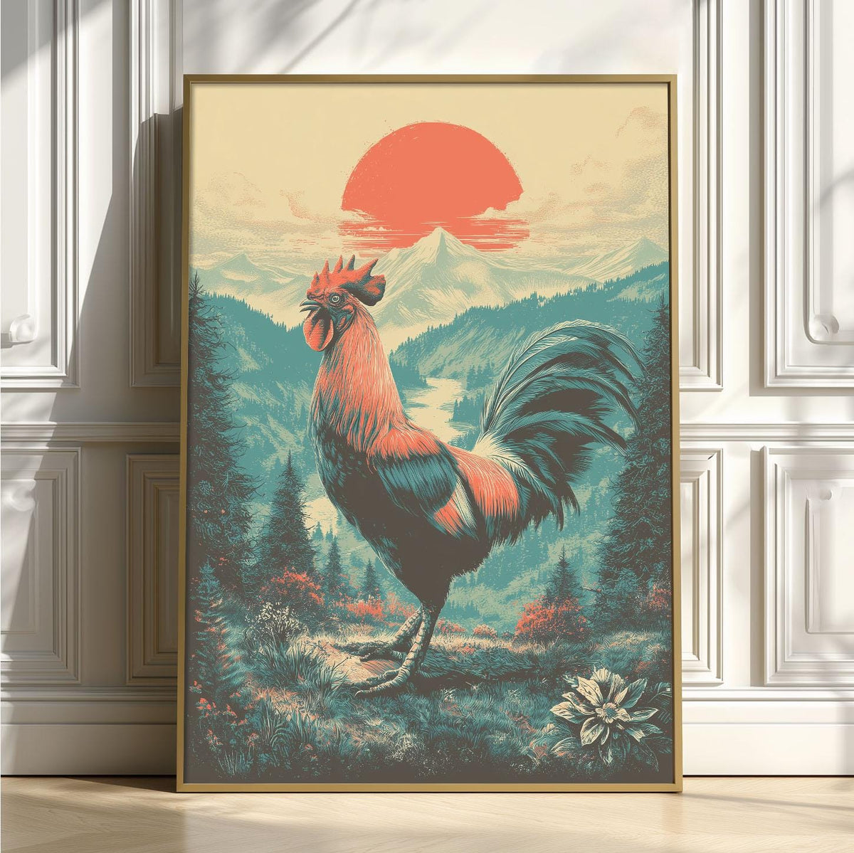 Rooster Poster, Vintage Landscape Print, Farmhouse Wall Art