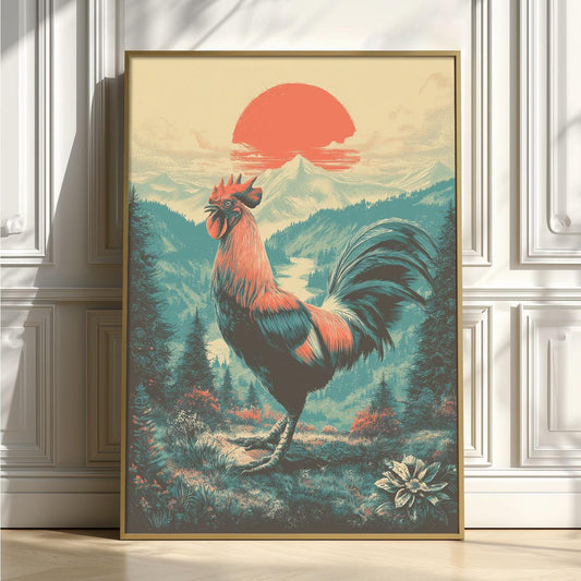 Rooster Poster, Vintage Landscape Print, Farmhouse Wall Art