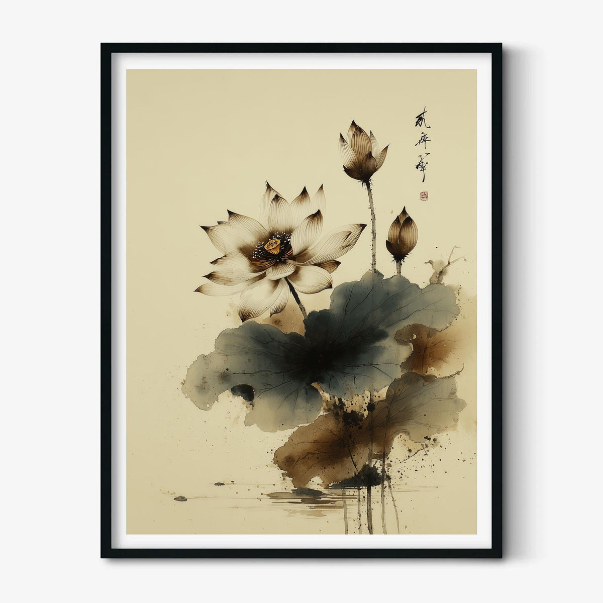 Lotus Flower Poster Print | Japanese Ink Style Wall Art