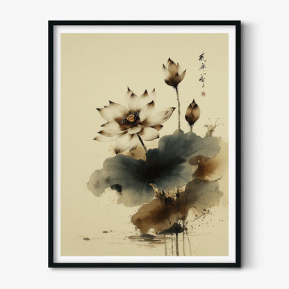 Lotus Flower Poster Print | Japanese Ink Style Wall Art